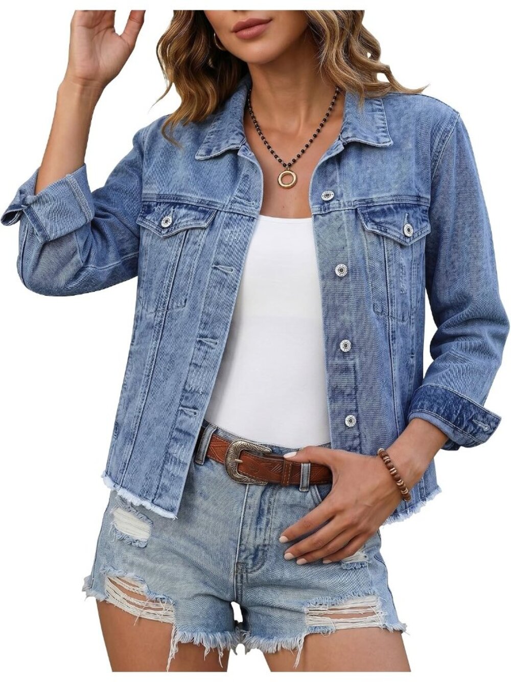 Women’s Seaport Blue Western Trucker Frayed Hem Vintage Distressed Jean Jacket